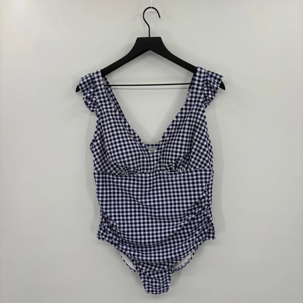 Kona Sol One‎ Piece Swimsuit Womens 16W Navy Blue Gingham Ruffle V-Neck Vacation